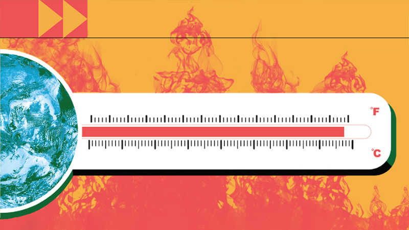 photocomposition: themometer coming out from the earth, with temperature rising into the red