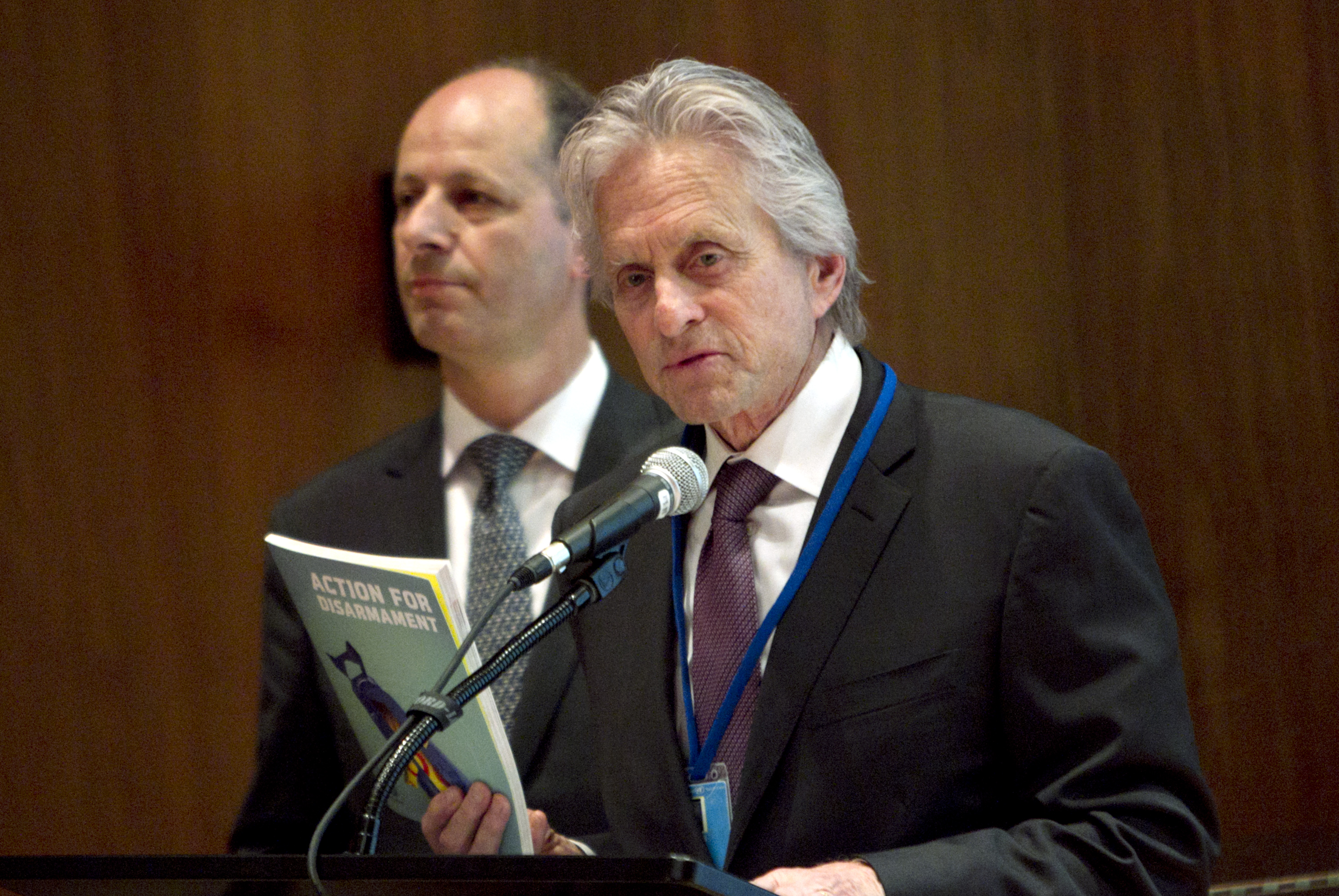 UN Messenger of Peace Michael Douglas speaks during a special event at UN headquarters to launch a book entitled, “Action for Disarmament: 10 Things You Can Do!”/UN Photo/Devra Berkowitz