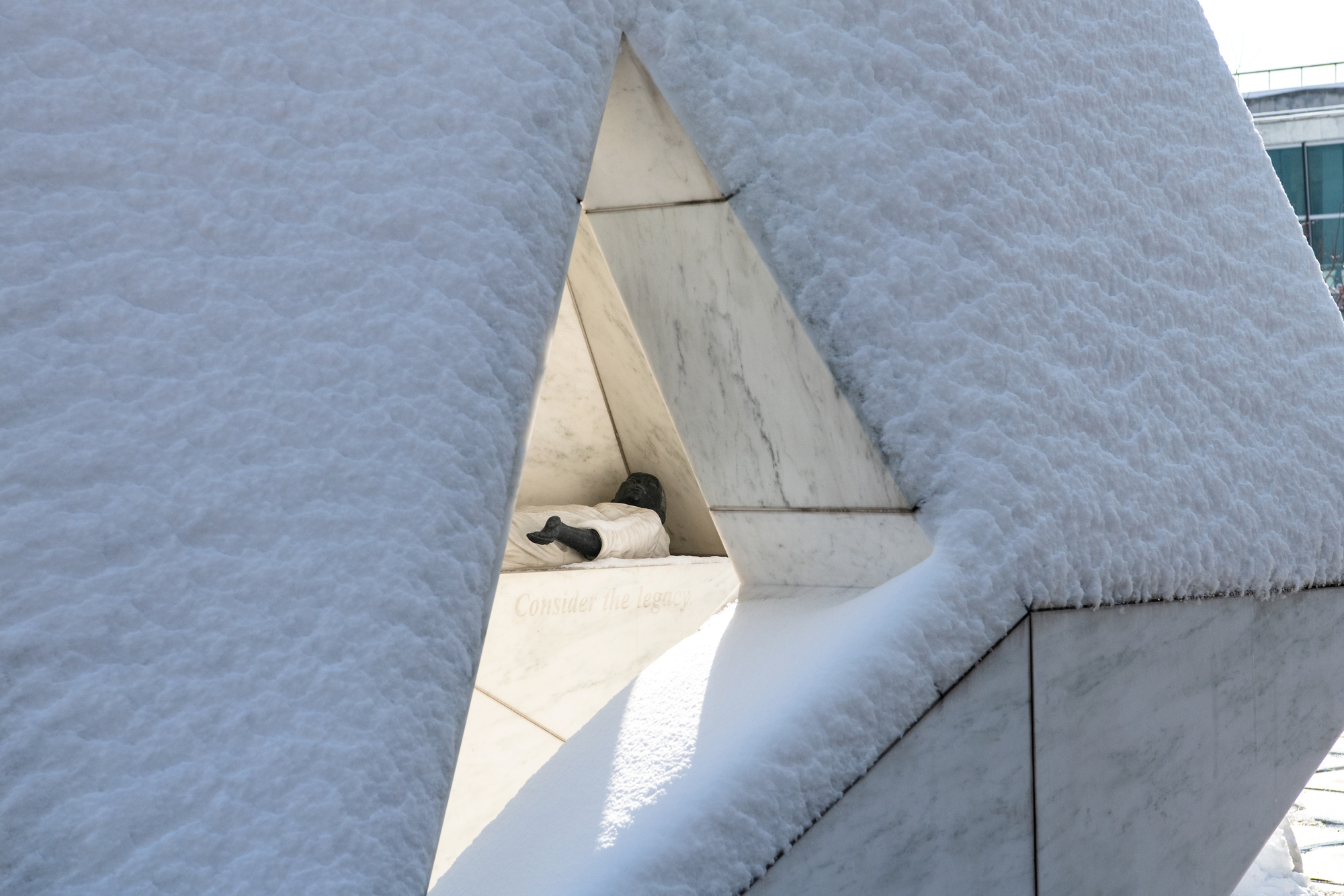A view of the Ark of Return at UN Headquarters in snow. The sculpture honors the victims of slavery and the transatlantic slave trade.