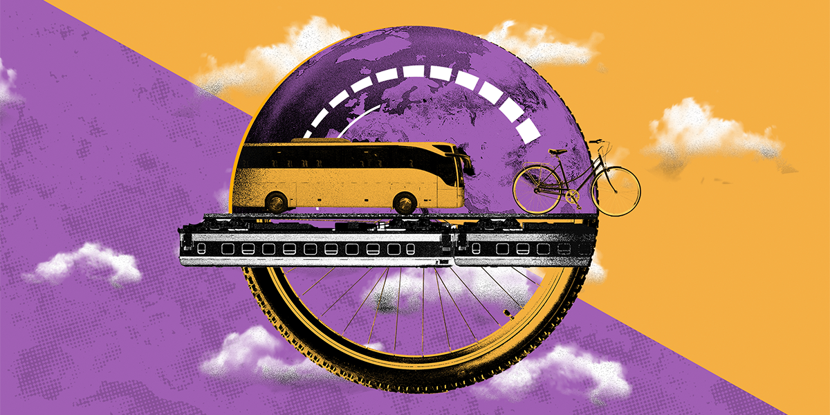Fotocomposicin: un collage de medios de transporte: un autobs y una bicicleta encima de un tren.