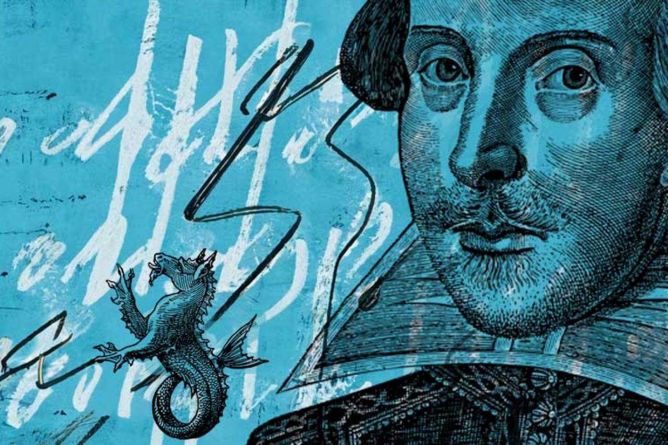 Collage of illustrations depicting William Shakespeare, a dragon-like seahorse, and scribbles over a blue background.